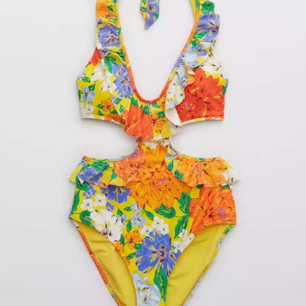 NWT Aerie Floral Cutout Ruffled One Piece | Size L Long
